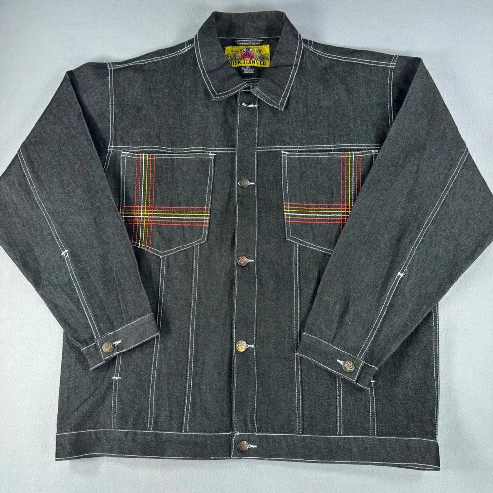 Risk Jeans Co Mens 2XL Black Denim Jacket Contrast Stitch Plaid Embroidery Crown